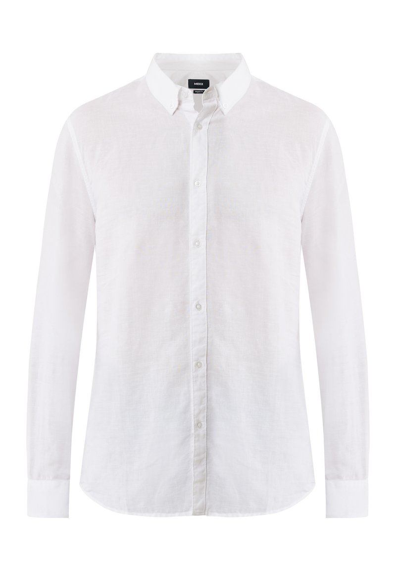 Weißes langärmliges Hemd mit Knopfleiste aus leichtem Stoff. Verfügt über einen Button-Down-Kragen und einen abgerundeten Saum mit kleinen Knöpfen auf der Vorderseite.