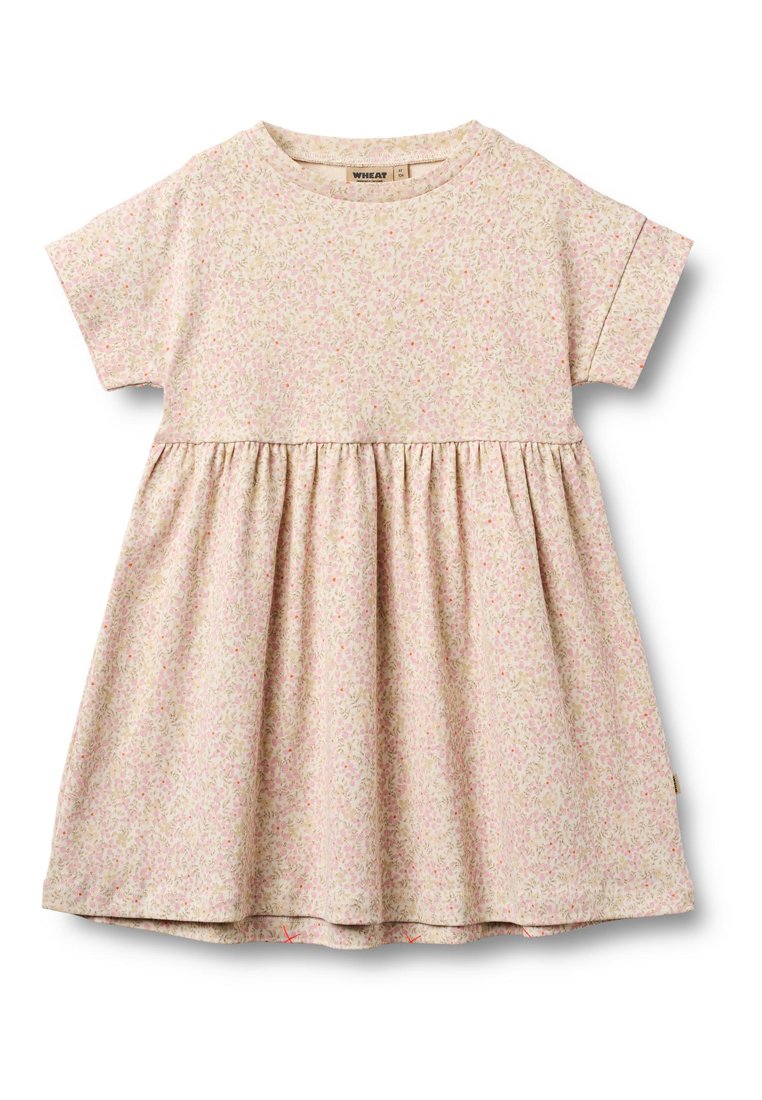 Kurzärmeliges Kleid aus hellrosa Stoff mit Blumenmuster, geraffter Taille und ausgestelltem Rock. Weiche Baumwolltextur, lässiges Design.