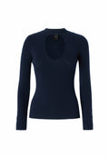 Marineblauer, gerippter Pullover mit tailliertem Schnitt, der einen tiefen Rundhalsausschnitt und lange Ärmel mit Knopfdetails an den Manschetten aufweist.
