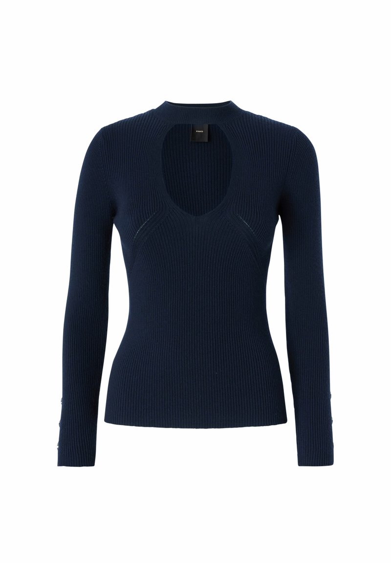 Marineblauer, gerippter Pullover mit tailliertem Schnitt, der einen tiefen Rundhalsausschnitt und lange Ärmel mit Knopfdetails an den Manschetten aufweist.