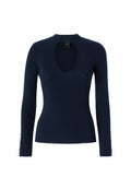 Marineblauer, gerippter Pullover mit tailliertem Schnitt, der einen tiefen Rundhalsausschnitt und lange Ärmel mit Knopfdetails an den Manschetten aufweist.