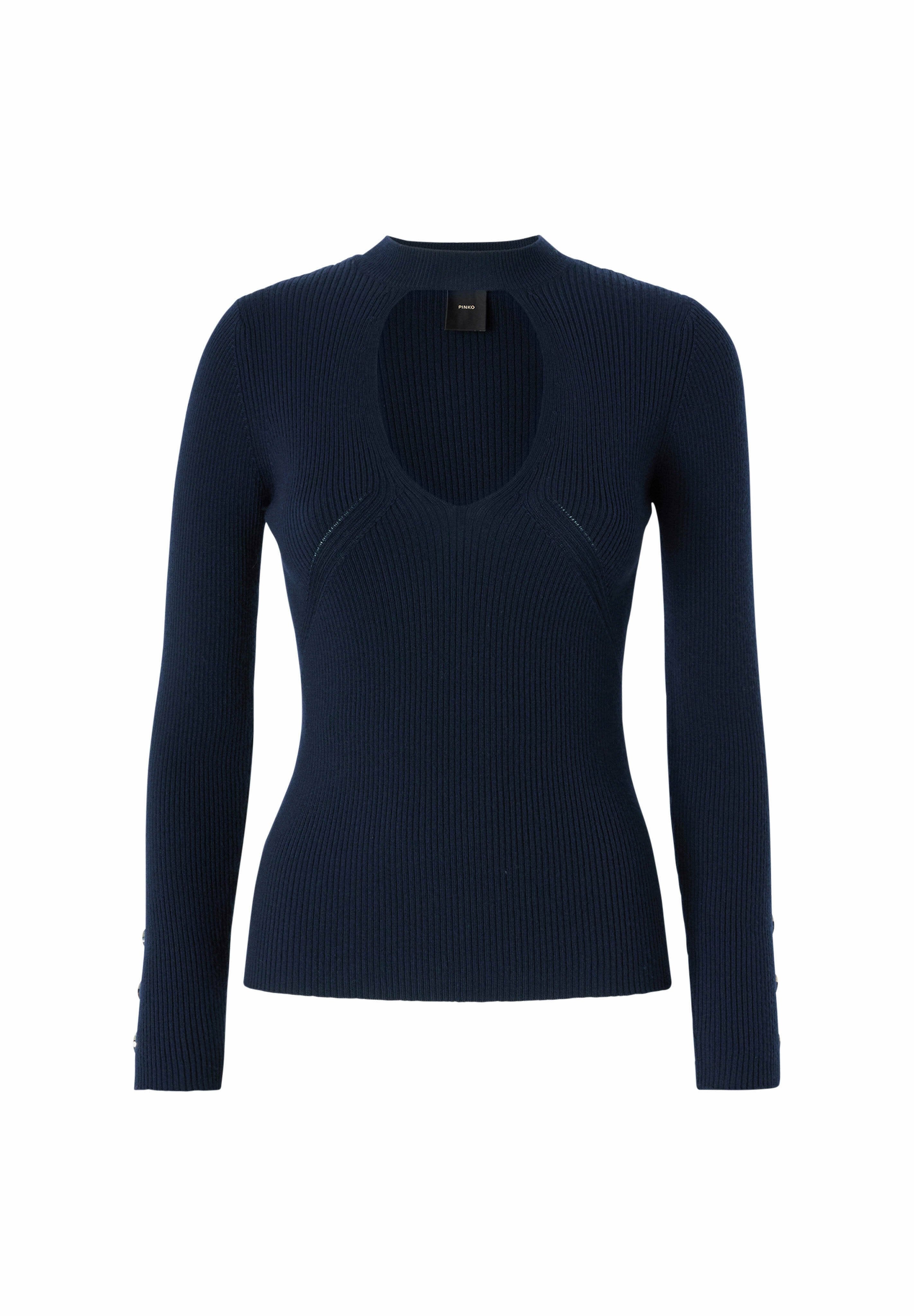Marineblauer, gerippter Pullover mit tailliertem Schnitt, der einen tiefen Rundhalsausschnitt und lange Ärmel mit Knopfdetails an den Manschetten aufweist.