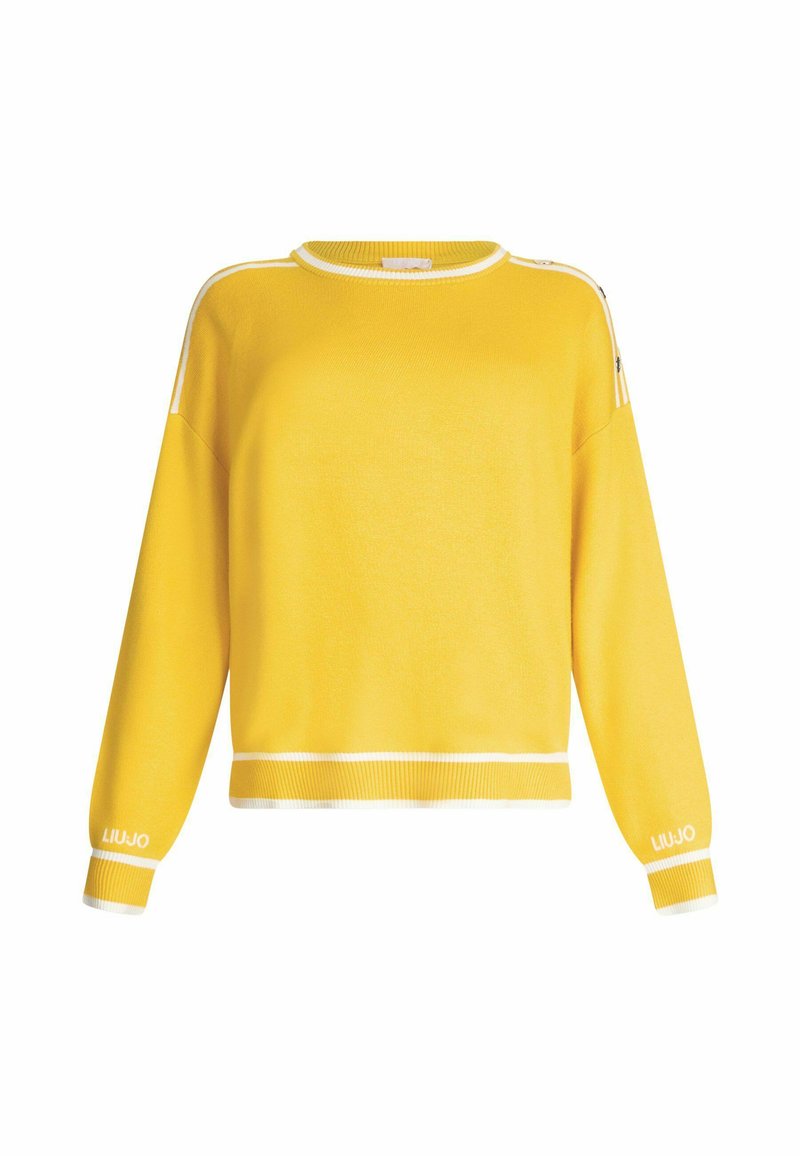 Gelbes Strick-Sweatshirt mit Rundhalsausschnitt, langen Ärmeln und weißen Akzentstreifen an den Schultern und dem Saum. Logo auf dem Ärmel gedruckt.