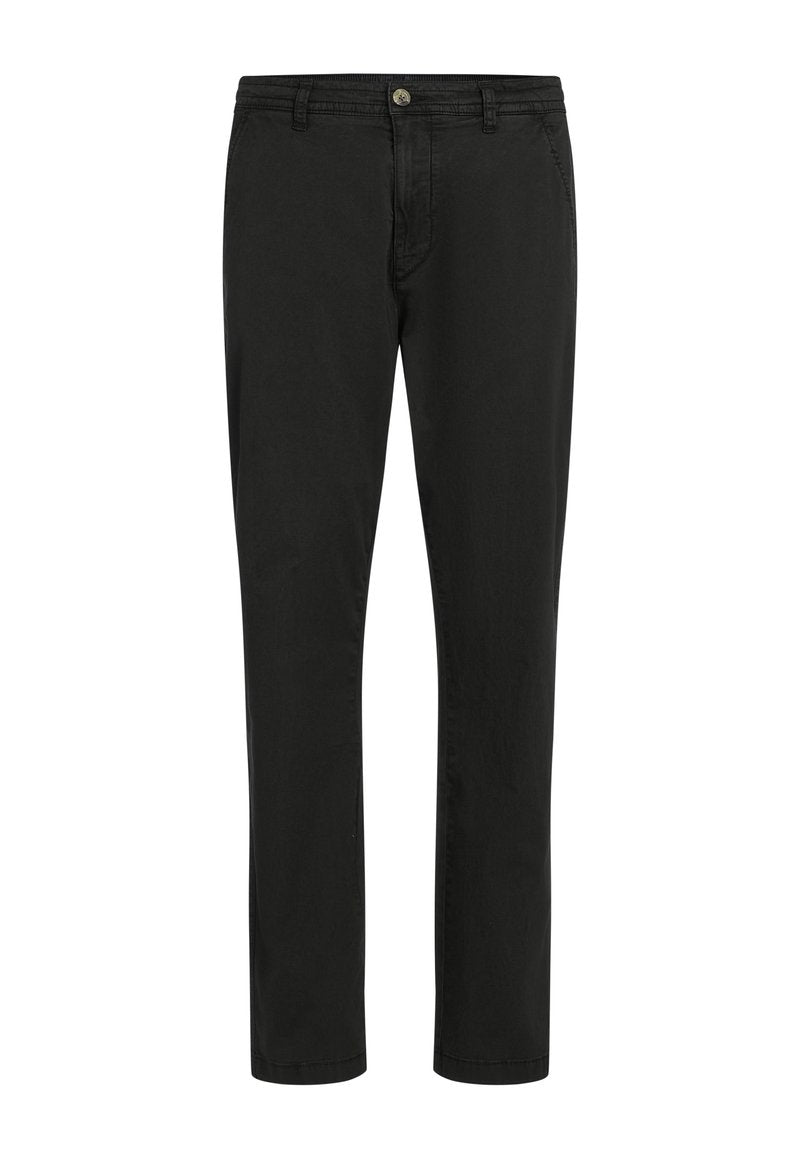 Schwarze Baumwollhosen mit geradem Schnitt, vorderer Knopfverschluss und zwei seitlichen Taschen; glatte Textur mit minimalistischem Design.