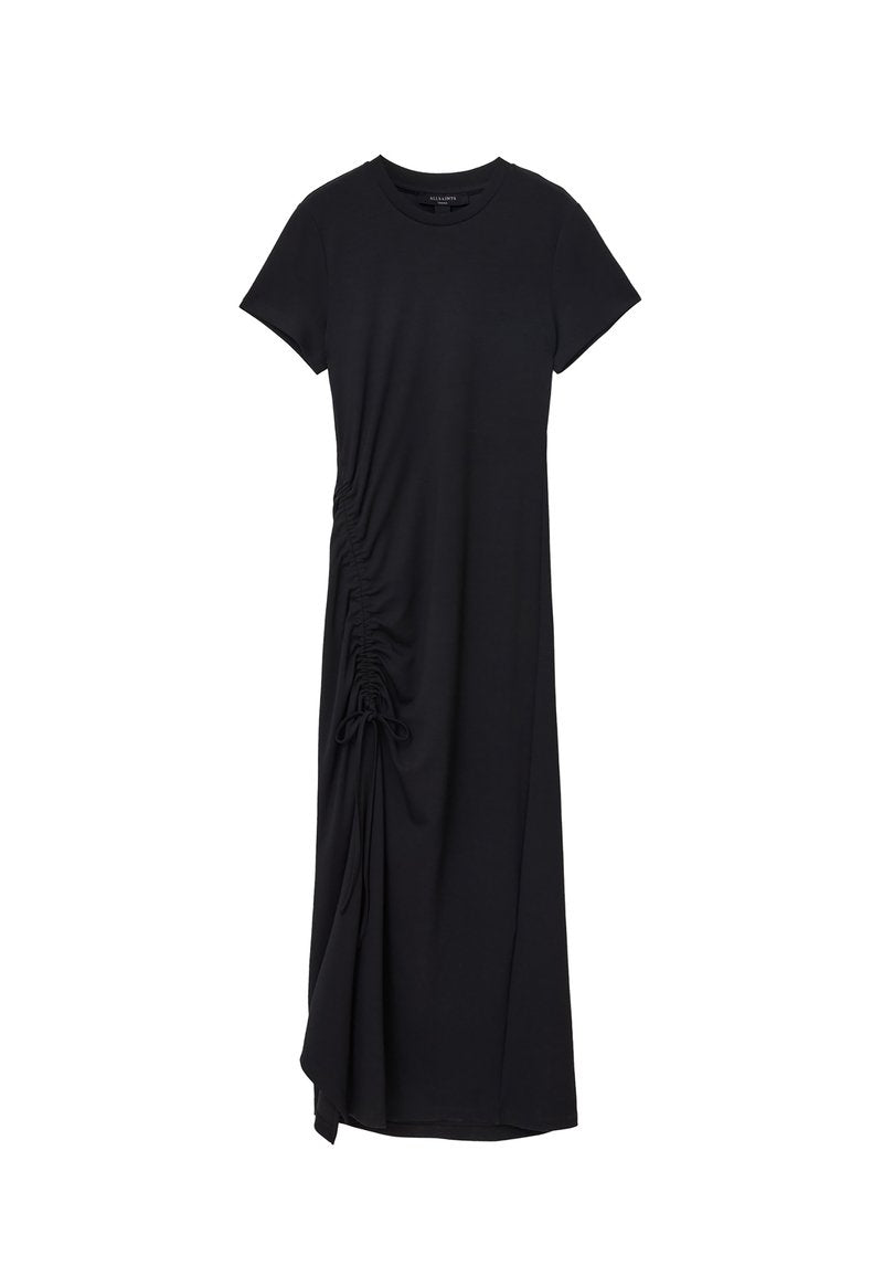 Schwarzes knielanges Kleid mit kurzen Ärmeln, seitlichem Raffungselement und Schnürung, aus einem weichen, dehnbaren Stoff.