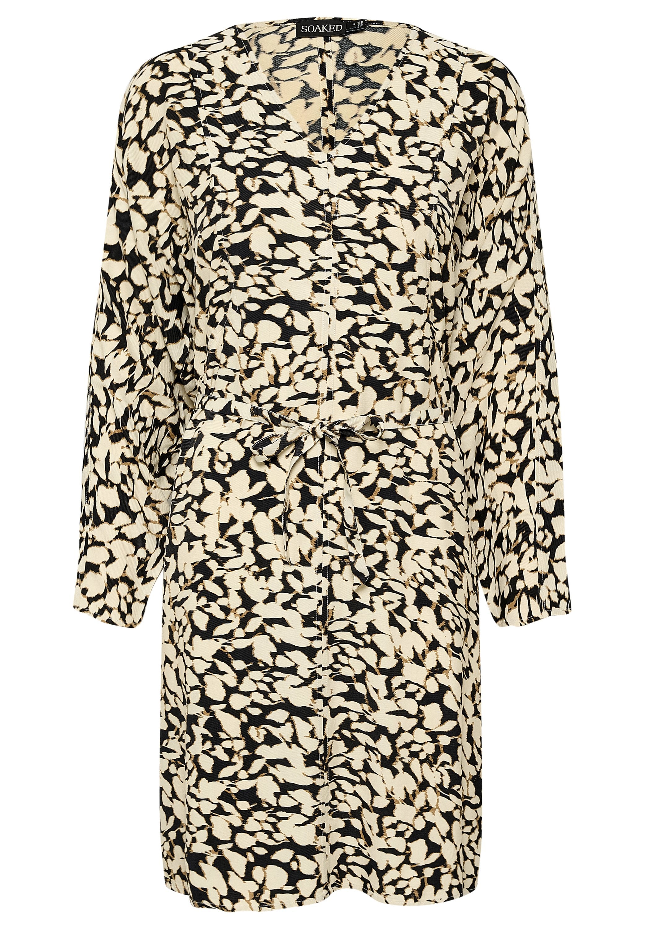 Blumengemustertes Kleid in Creme, Schwarz und Braun, mit langen Ärmeln und einem Taillengürtel. Aus leichtem Stoff mit lockerer Passform gefertigt.