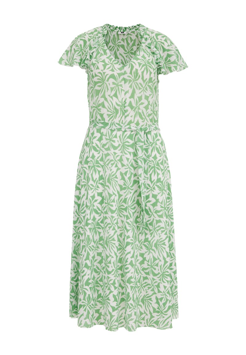 Grünes und weißes Blumenmusterkleid mit kurzen, schwingenden Ärmeln, V-Ausschnitt, tailliertem Bund und einem fließenden knielangen Rock. Weicher, strukturiertes Gewebe.