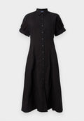 Schwarzes, kurzärmeliges, knopfbetontes Midikleid mit Kragen und umgeschlagenen Säumen, tailliert und zum Saum hin ausgestellt.