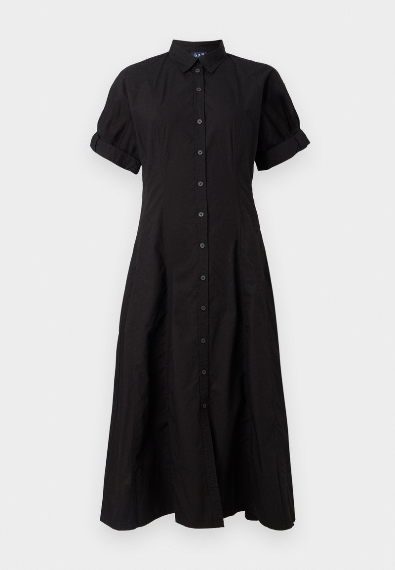 Schwarzes, kurzärmeliges, knopfbetontes Midikleid mit Kragen und umgeschlagenen Säumen, tailliert und zum Saum hin ausgestellt.