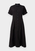 Schwarzes, kurzärmeliges, knopfbetontes Midikleid mit Kragen und umgeschlagenen Säumen, tailliert und zum Saum hin ausgestellt.