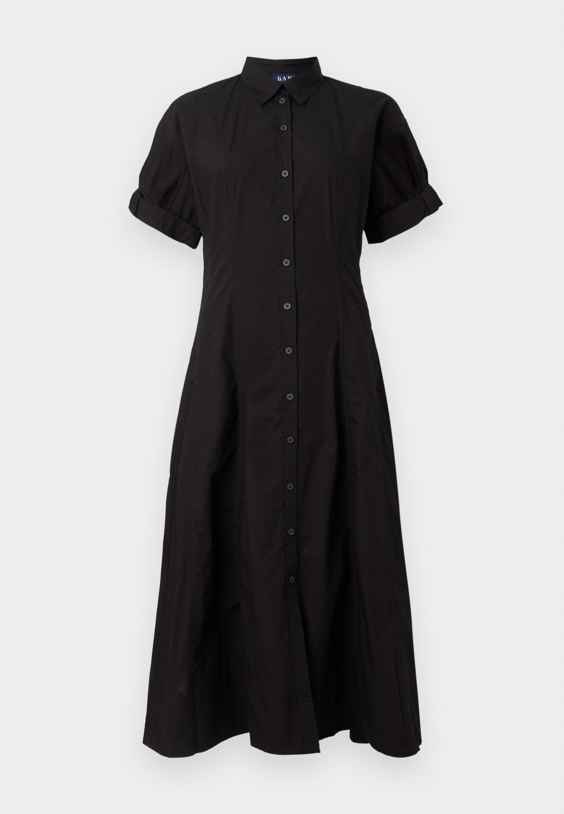 Schwarzes, kurzärmeliges, knopfbetontes Midikleid mit Kragen und umgeschlagenen Säumen, tailliert und zum Saum hin ausgestellt.