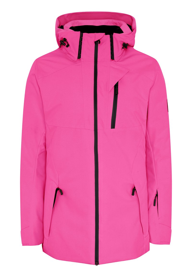Helle pinke, wasserdichte Jacke mit Kapuze, schwarzen Reißverschlüssen und verstellbaren Kordeln. Verfügt über zwei Seitentaschen und eine Brusttasche.