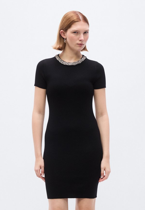 DKNY SHORT SLEEVE CREWNECK SHORT DRESS EMBELLISHED RHINESTONES AT NECKLINE