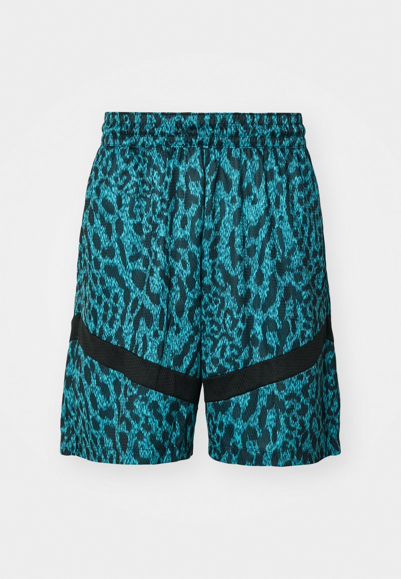 Türkise und schwarze Sportshorts mit einem Leopardenmuster, elastischem Bund und zwei horizontalen schwarzen Netzakzenten.