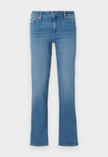 Hellblaue Denim-Jeans mit geradem Bein, fünf Taschen und Knopfverschluss. Weicher Stoff mit subtilen Ausbleichungseffekten.