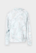 Hellblauer Hoodie mit einem Muster aus Baumzweigen in Grau. Kängurutasche auf der Vorderseite, gerippte Bündchen und Saum. Weiches, strukturiertes Material.