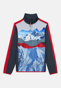 Reißverschlussjacke mit grauem Mesh-Oberteil, blauem Bergmotiv, rotem Mittelteil und marineblauen Ärmeln. Für Outdoor-Aktivitäten konzipiert.