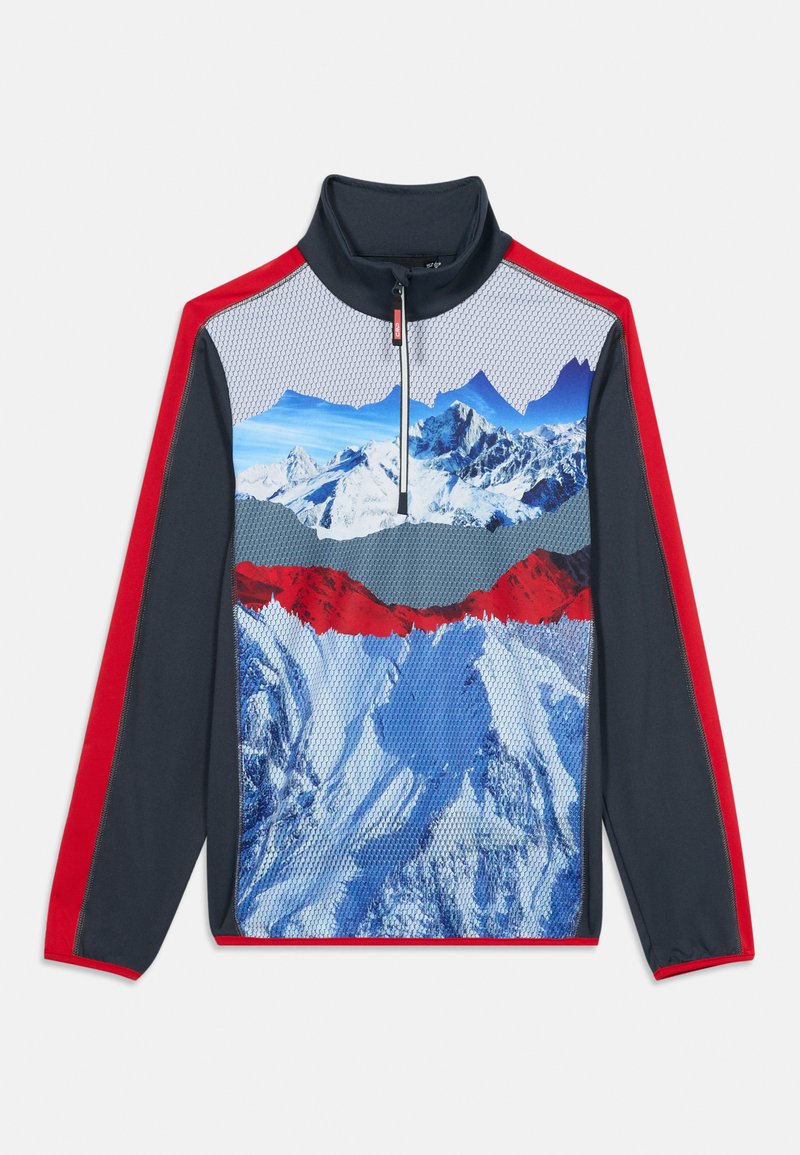 Reißverschlussjacke mit grauem Mesh-Oberteil, blauem Bergmotiv, rotem Mittelteil und marineblauen Ärmeln. Für Outdoor-Aktivitäten konzipiert.