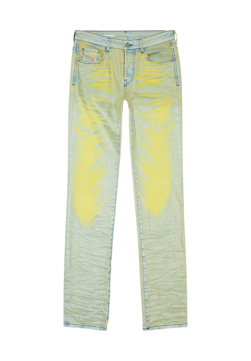 Helle blaue Jeans aus Denim mit einem verblassten gelben Muster, im klassischen Fünf-Taschen-Stil, mit Knopffly und geradem Bein.