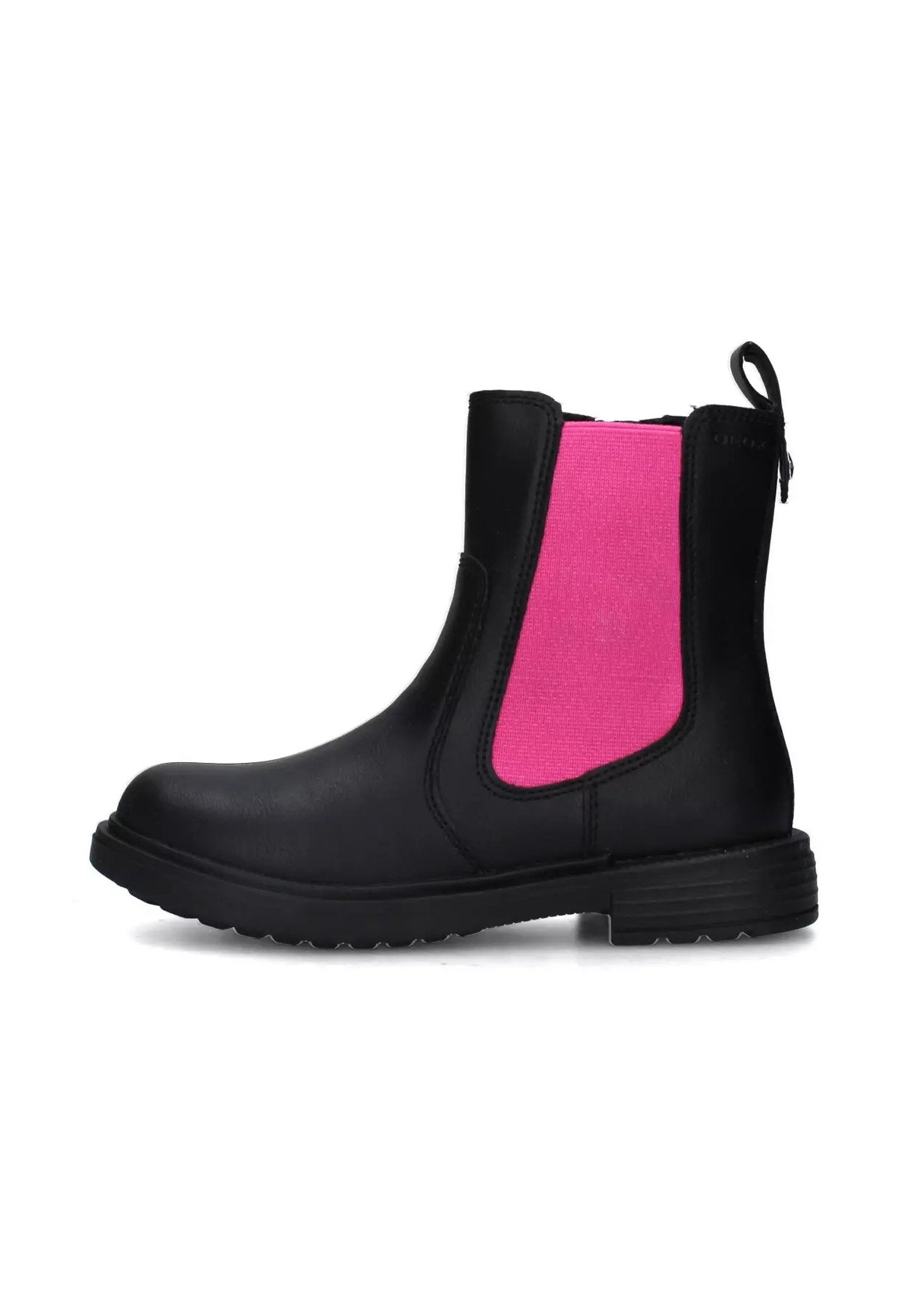 Schwarze Knöchelschuhe mit rosa elastischen Seitenpanelen, Obermaterial aus glattem Leder, runde Zehenform und einer strukturierten Gummisohle für besseren Halt.