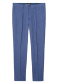 Blaue Anzughosen aus strukturiertem Stoff, mit flachem Bund, seitlichen Taschen und Knopfverschluss. Maßgeschneiderte, schlanke Passform.