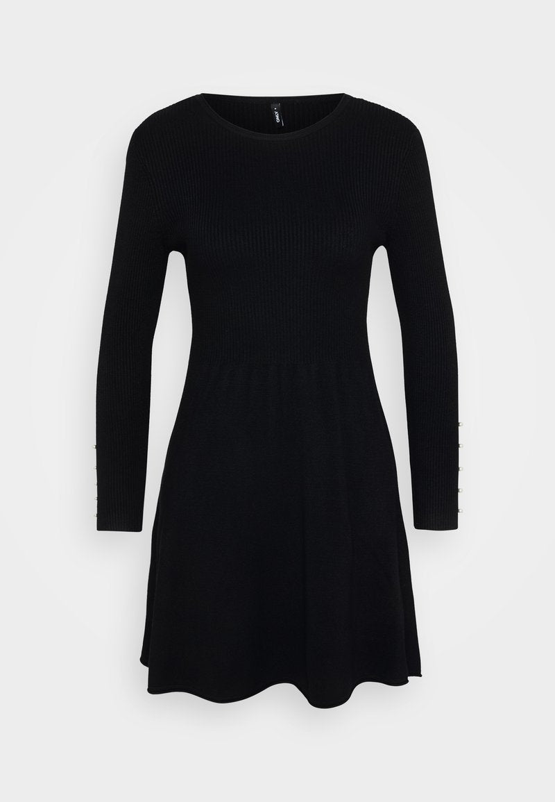 Schwarzes geripptes Kleid mit langen Ärmeln, rundem Ausschnitt und schwingendem Rock. Verfügt über Knöpfe an den Ärmelsäufen für zusätzlichen Detail.