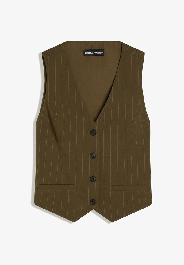 Bershka STRIPED VEST WITH BACK BUCKLE - Waistcoat - khaki