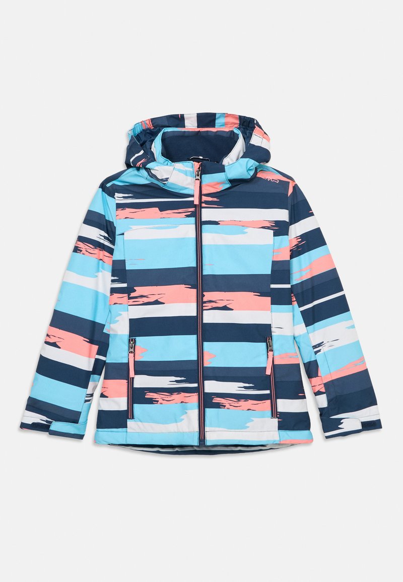 Mehrfarbige Jacke mit horizontalen Streifen in Blau, Marineblau und Pink. Sie hat einen Reißverschluss, eine Kapuze und zwei Seitentaschen.