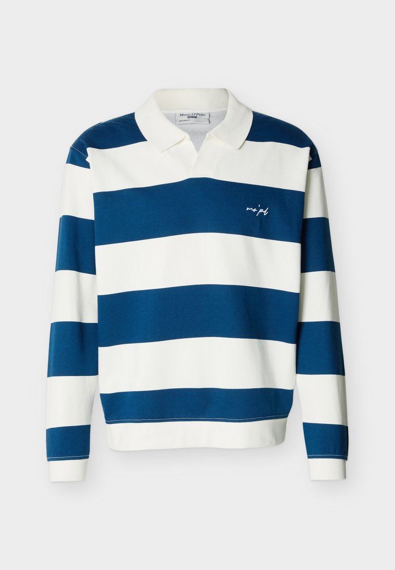 Langärmeliges Rugbyhemd mit breiten horizontalen Streifen in Marineblau und Weiß sowie einem weißen Kragen.