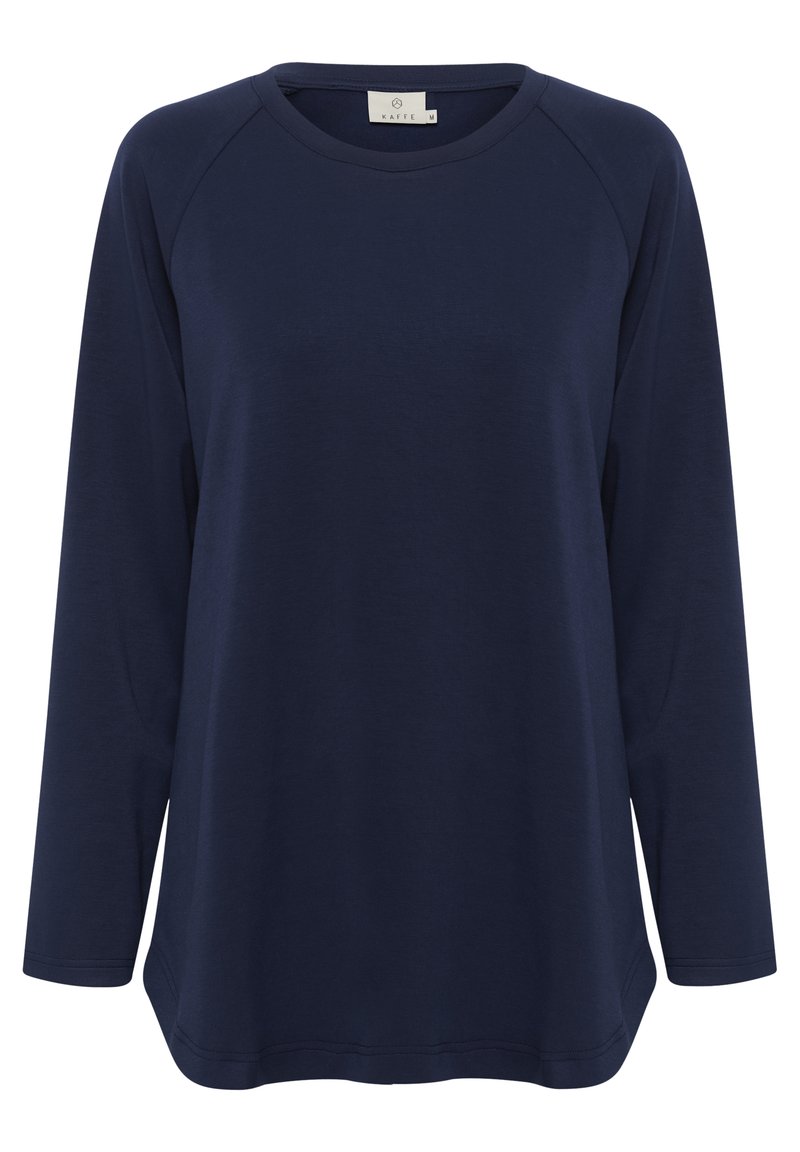 Marineblaues Langarmshirt mit rundem Halsausschnitt, Raglanärmeln und lockerem Schnitt. Weiche, glatte Textur; keine sichtbaren Muster oder Beschläge.