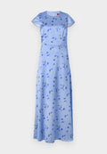 Blumenmusterkleid in Hellblau, kurze Ärmel, runder Ausschnitt, A-Linien-Silhouette, mit grünen und blauen Blumen, Reißverschlussverschluss auf der Rückseite.