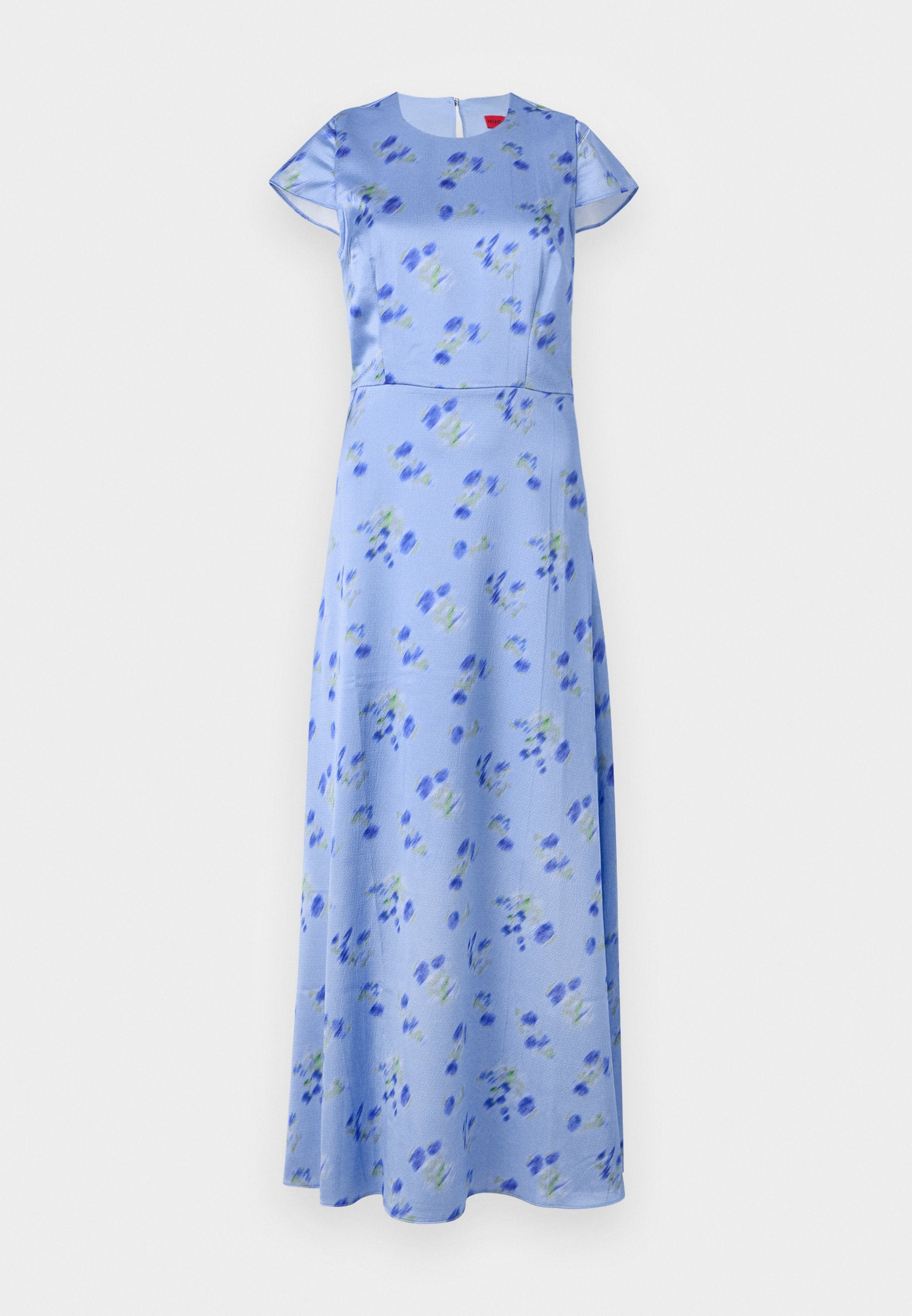 Blumenmusterkleid in Hellblau, kurze Ärmel, runder Ausschnitt, A-Linien-Silhouette, mit grünen und blauen Blumen, Reißverschlussverschluss auf der Rückseite.