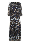 Maxikleid mit langen Ärmeln, abstraktes wirbelndes Muster in Blau, Schwarz und Beige, plissierte Textur, elastischer Taillenbund mit Bindegürtel.