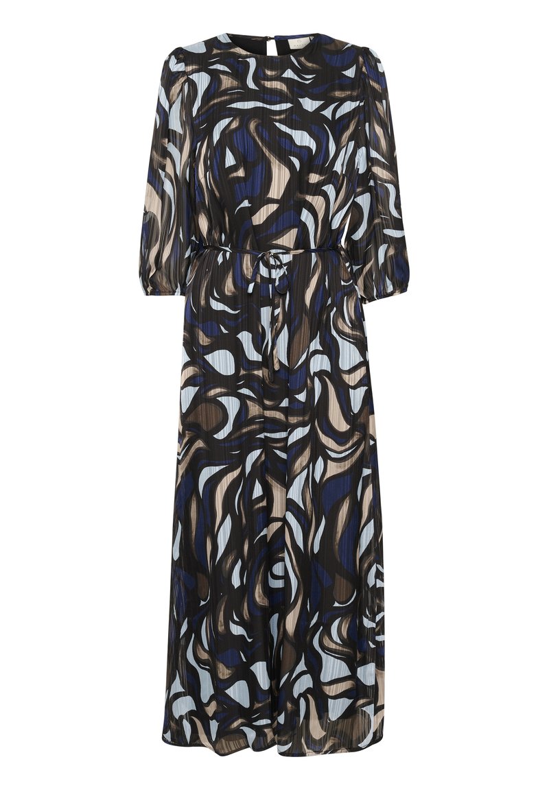 Maxikleid mit langen Ärmeln, abstraktes wirbelndes Muster in Blau, Schwarz und Beige, plissierte Textur, elastischer Taillenbund mit Bindegürtel.