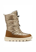 Metallisch goldener Winterstiefel mit gepolstertem Schaft, geschnürten Schuhbändern, braunen Lederakzenten und einer klobigen cremefarbenen Sohle. Verfügt über eine wasserdichte Konstruktion.