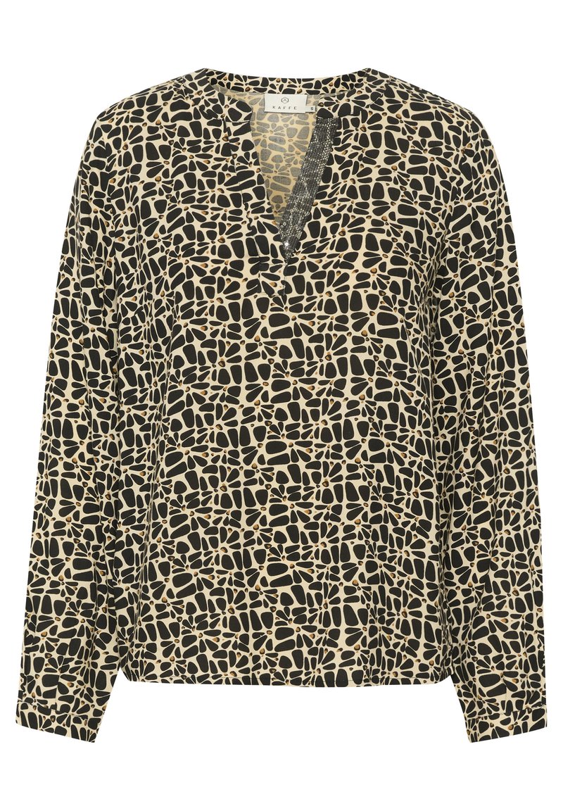 Langärmlige Bluse in Beige mit einem schwarzen abstrakten Muster, mit V-Ausschnitt und strukturierten Akzenten entlang des Ausschnitts.