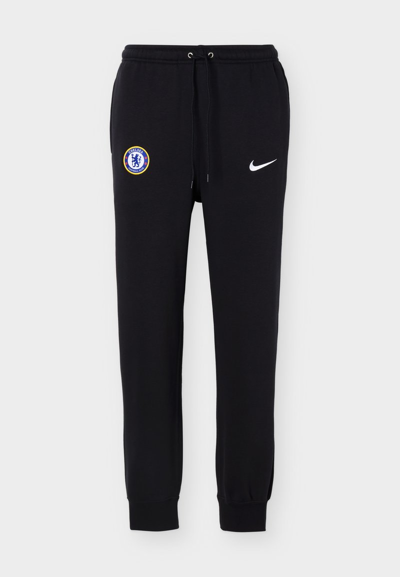 Schwarze Jogginghosen mit dem Logo des Chelsea Fußballvereins am linken Oberschenkel und weißem Nike-Swoosh am rechten Oberschenkel, elastischer Bund mit Kordelzug.