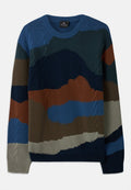 Strickpullover mit rundem Halsausschnitt und abwechslungsreichen strukturierten Mustern in Blau-, Grün-, Braun- und Grautönen sowie Kabelakzenten.