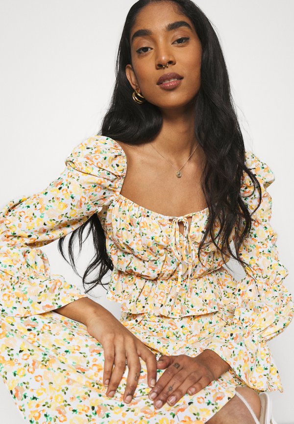 Glamorous RUCHED WITH LOW NECKLINE FRONT TIE DETAIL AND DOUBLE PUFF SLEE