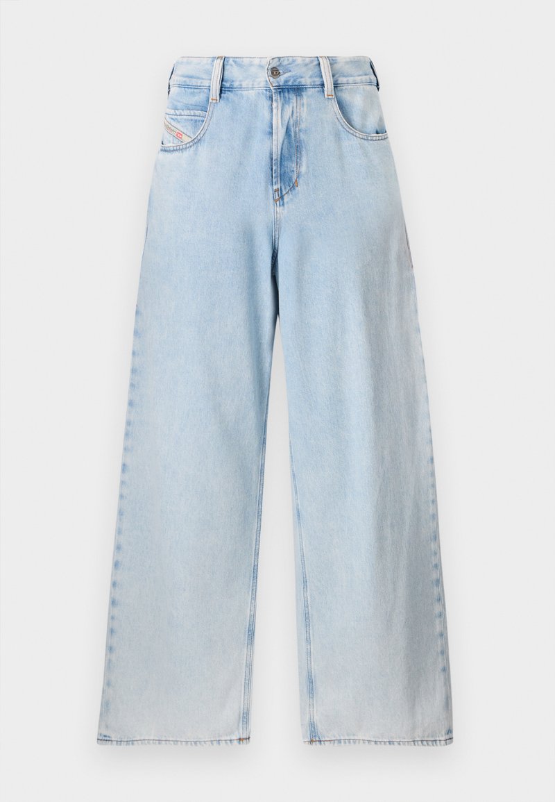Helle blaue, weite Jeans aus Denim mit hoher Taille, sichtbaren Nähten, vorderen Taschen und geradem Schnitt bis zum Saum.