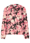 Langärmlige, florale Bluse mit schwarzem Hintergrund und rosa-weißen Blumen. Schlüssel-Ausschnitt mit gerafften Details. Leichtes Material.