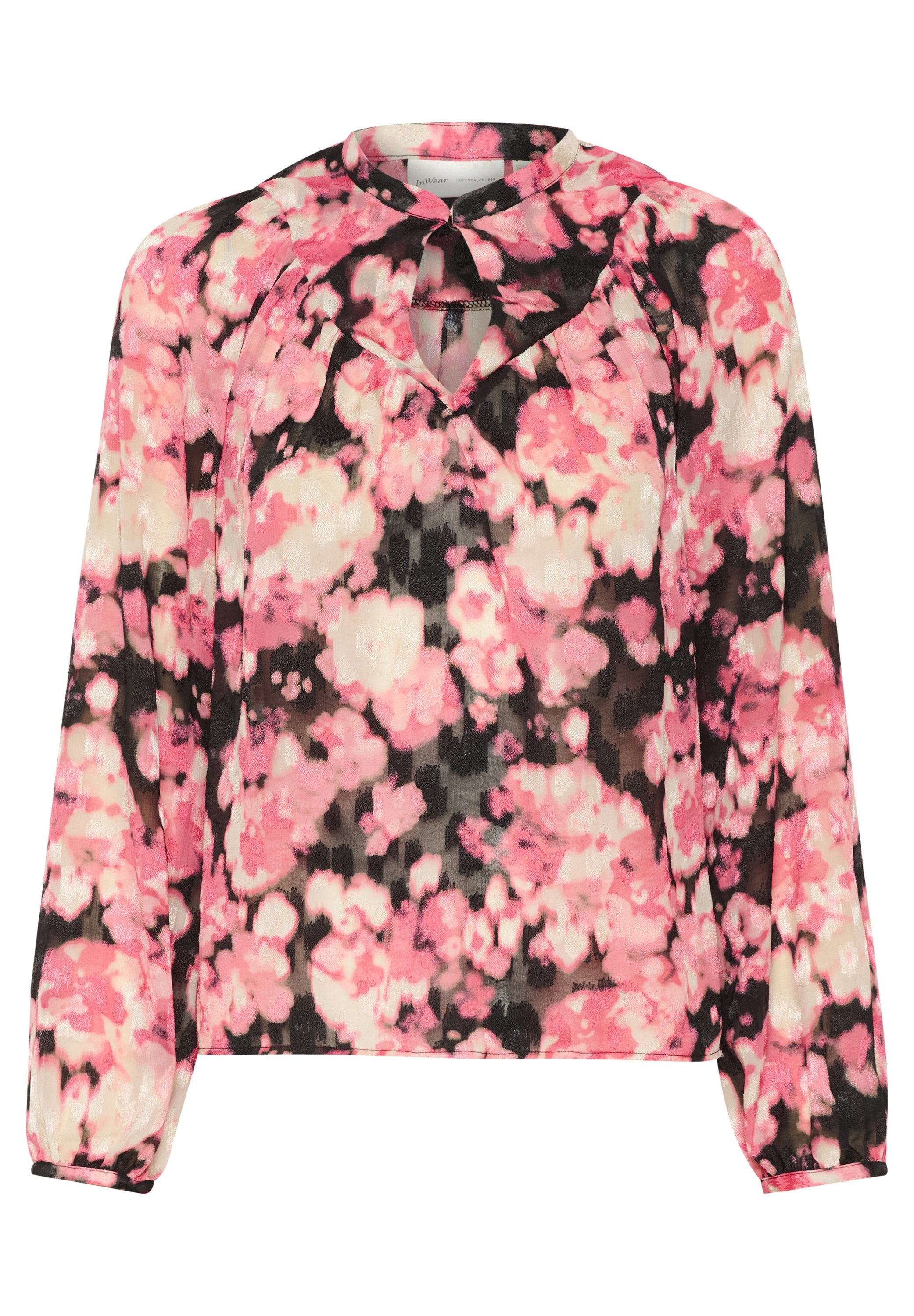 Langärmlige, florale Bluse mit schwarzem Hintergrund und rosa-weißen Blumen. Schlüssel-Ausschnitt mit gerafften Details. Leichtes Material.