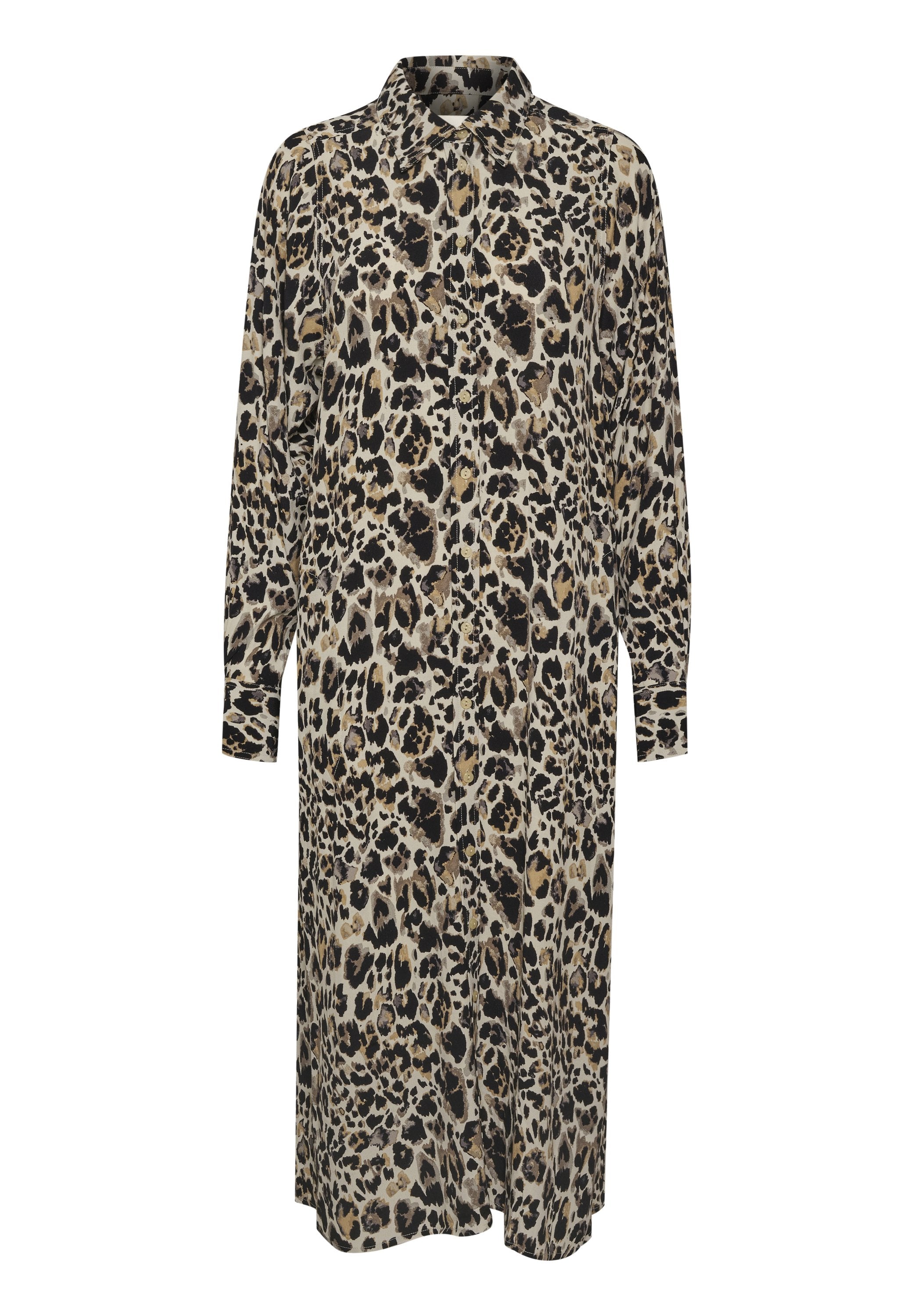 Langarmhemdkleid mit Leopardenmuster, Kragen, langen Ärmeln, durchgängiger Knopfleiste und Taschen. Hergestellt aus weichem, leichtem Stoff.