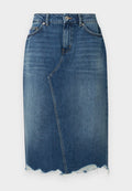 Blauer Jeans-Bleistiftrock mit asymmetrischer vorderer Naht, ausgefranstem Saum, Gürtelschlaufen und Vordertaschen.