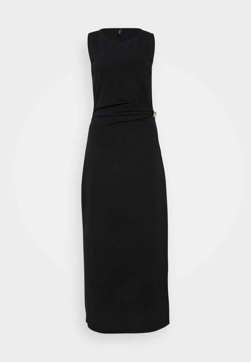 Schwarzes ärmelloses Kleid mit rundem Ausschnitt, tailliertem Oberteil, verdrehtem Detail an der Taille und einem goldenen Hardware-Akzent an der Seite.