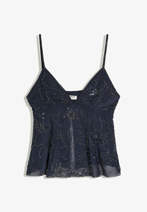 Bershka BEADED MESH - STRAPPY TOP - Top - royal blue