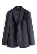 Dunkelblauer Herrenblazer mit dezentem Karomuster, mit Revers, Ein-Knopf-Verschluss und Dreiknopf-Manschetten.