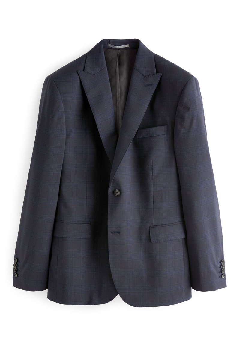 Dunkelblauer Herrenblazer mit dezentem Karomuster, mit Revers, Ein-Knopf-Verschluss und Dreiknopf-Manschetten.