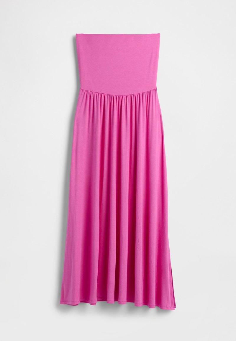 Langes, rosa trägerloses Kleid aus leichter Stoff. Es verfügt über ein eng anliegendes Oberteil und einen fließenden Rock mit tailliertem Bund.