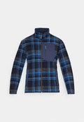 Fleecejacke mit blauem und marinefarbenem Karomuster, durchgehendem Reißverschluss, hohem Kragen und einer Brusttasche mit marinefarbenem Akzentstoff.